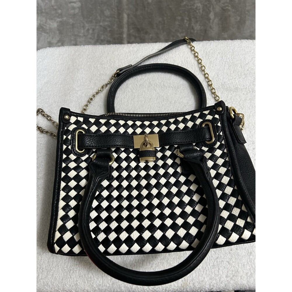 Charming Charlie Black White Woven Satchel Purse Gold Chain Crossbody Handbag